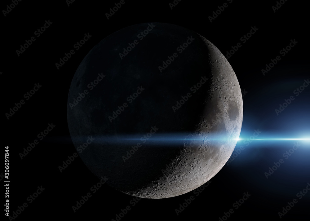 View of a crescent moon in space with stars background 3D rendering elements of this image furnished