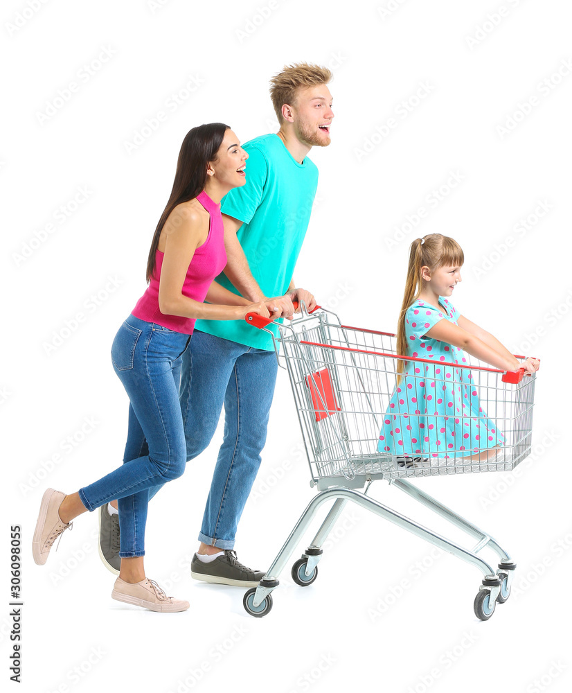 Family with shopping cart on white background