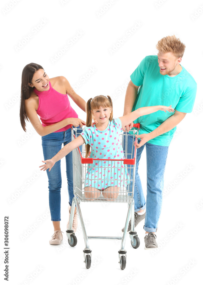 Family with shopping cart on white background