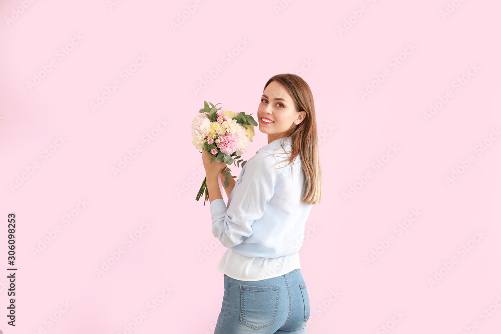 Beautiful young woman with bouquet of carnation flowers on color background