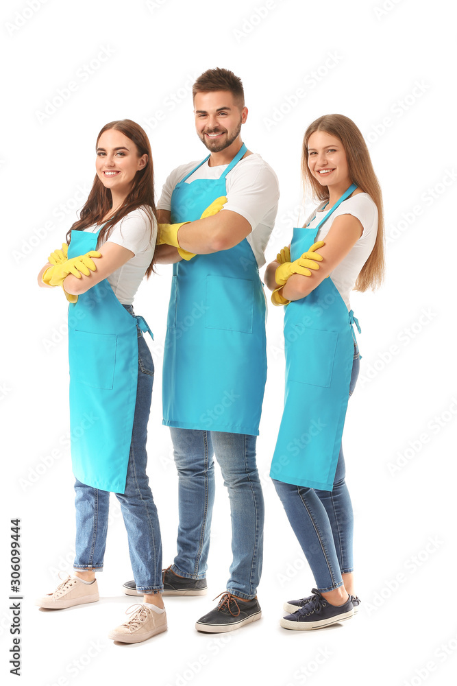 Team of janitors on white background