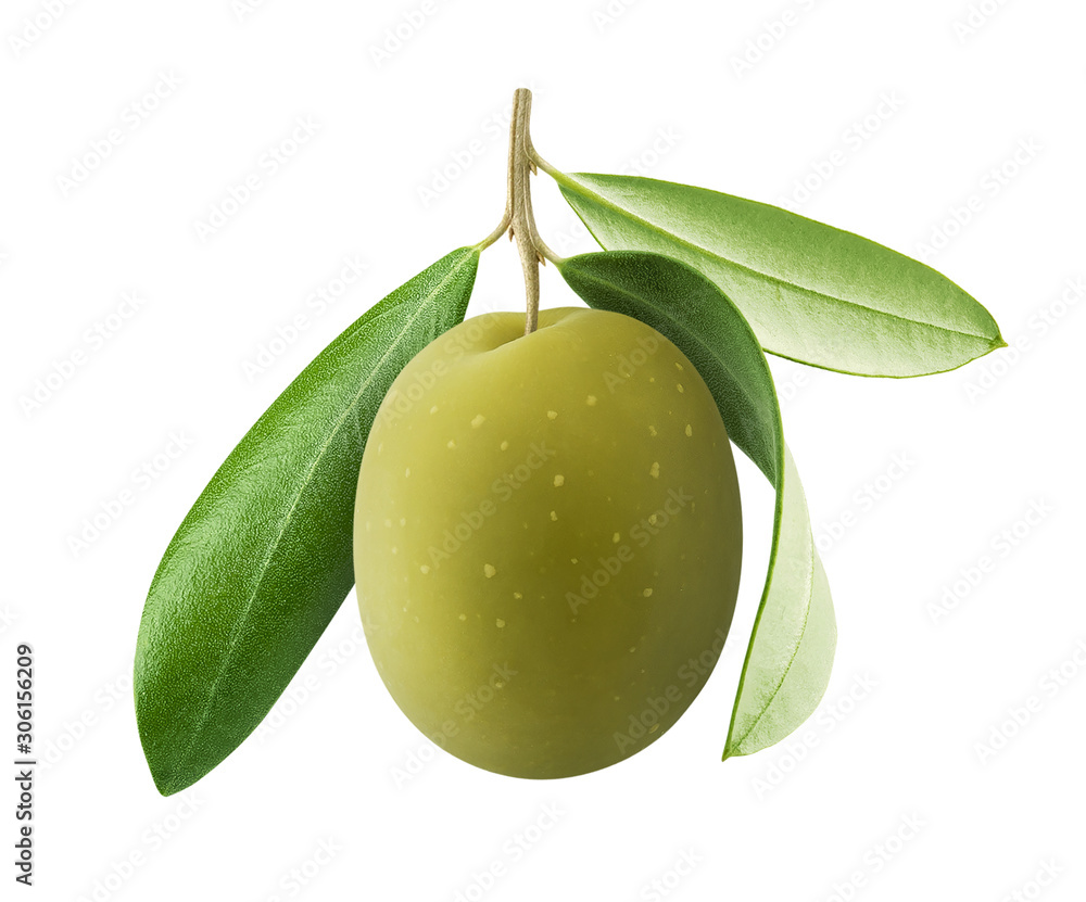 One green olive with leaves isolated on white background