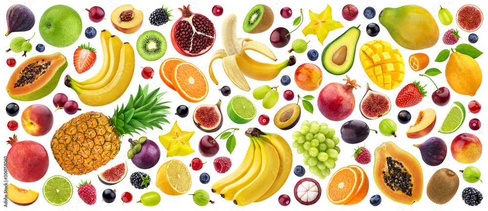 Mix of different fruits, berries and vegetables isolated on white background