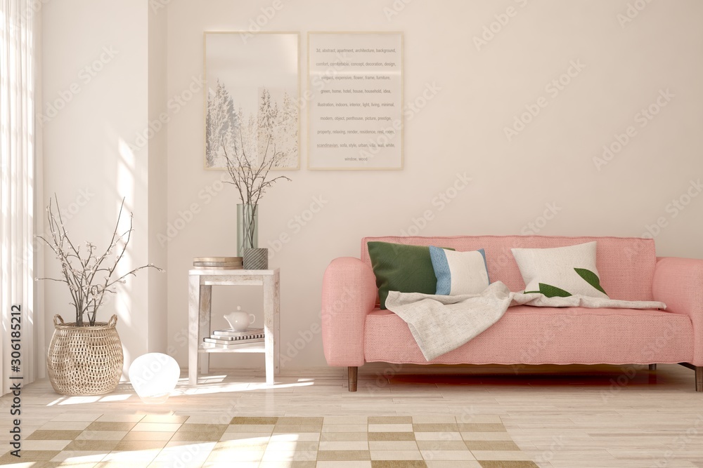 Stylish room in white color with sofa. Scandinavian interior design. 3D illustration