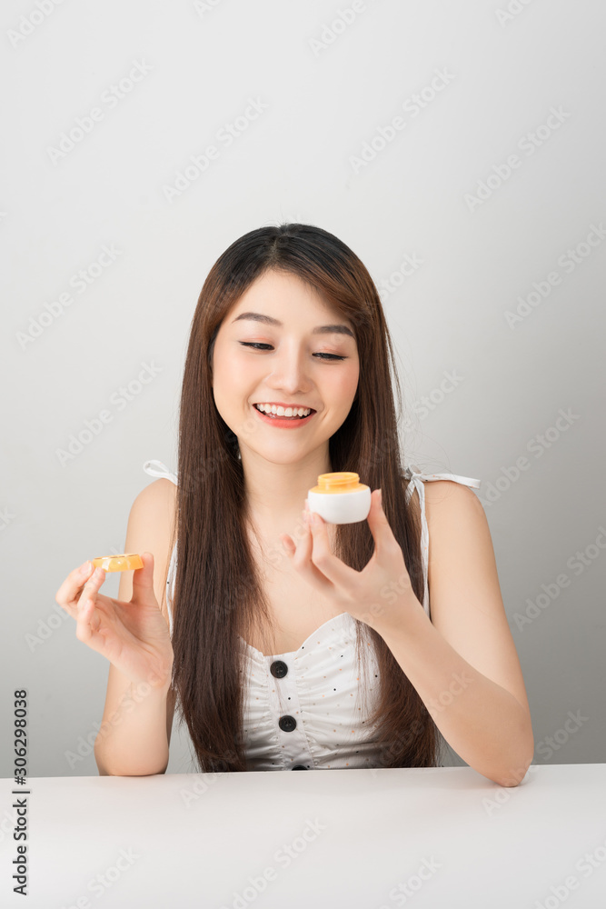 Beauty woman and skincare products,isolated on white background.