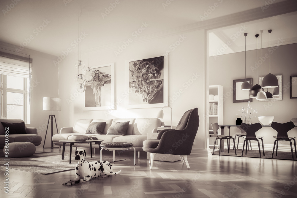 Modern Luxury Furnishings with a Dalmatian (B&W) - 3d visualization