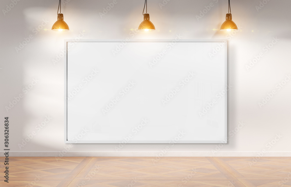 Frame hanging bright white museum with wooden floor mockup 3D rendering