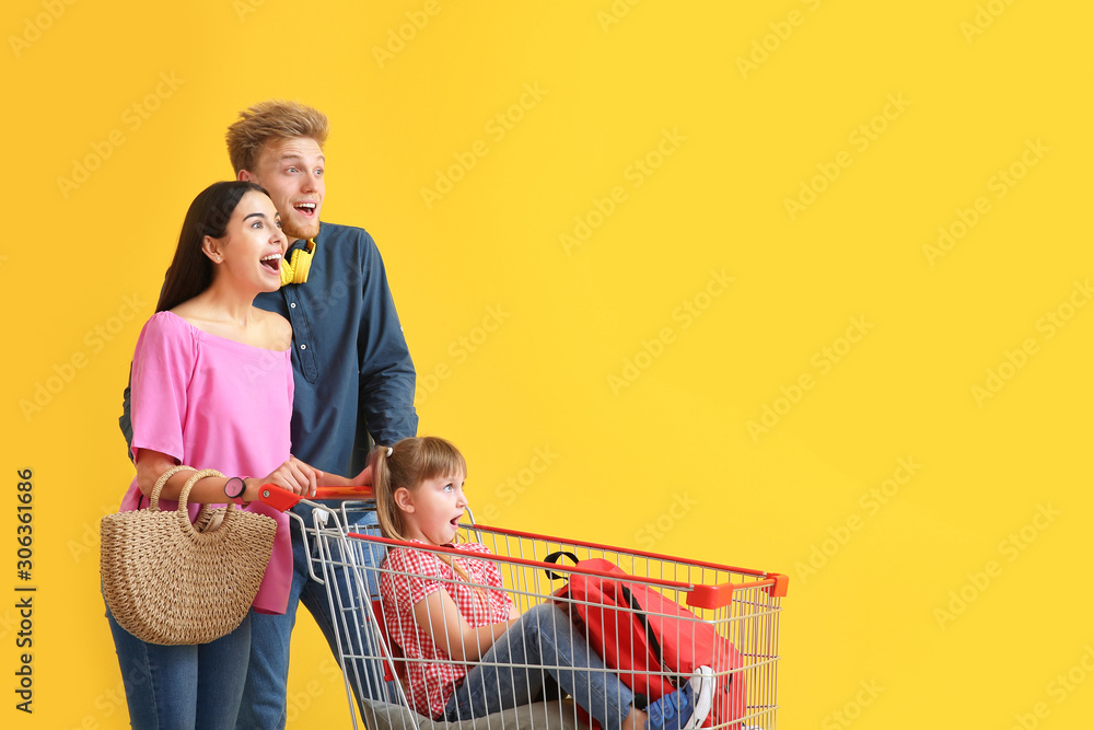 Family with shopping cart on color background