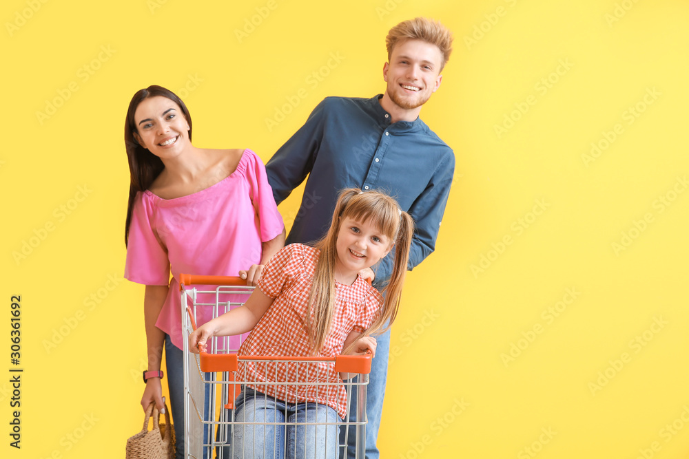 Family with shopping cart on color background