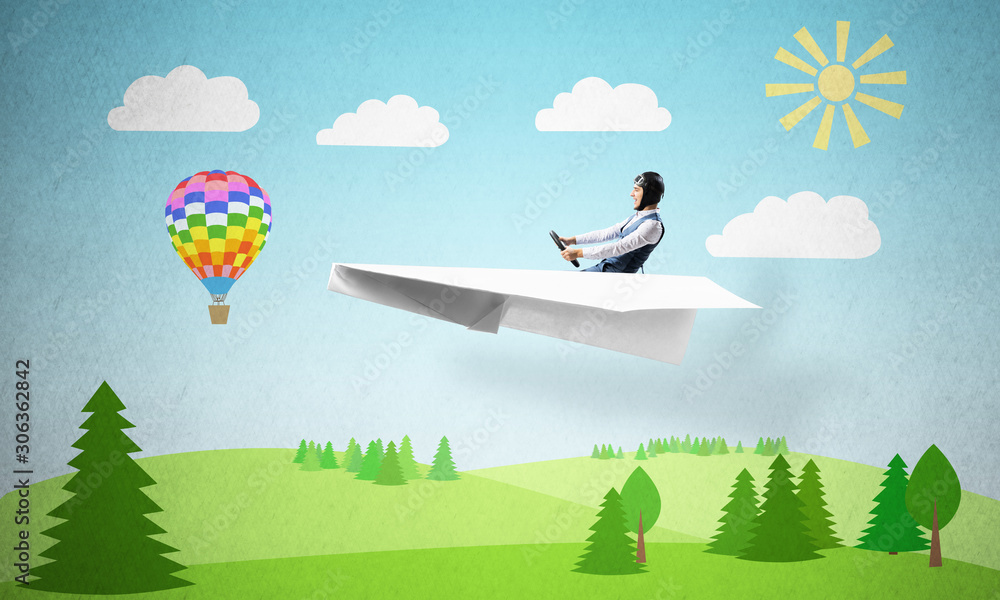 Aviator driving paper plane on nature landscape