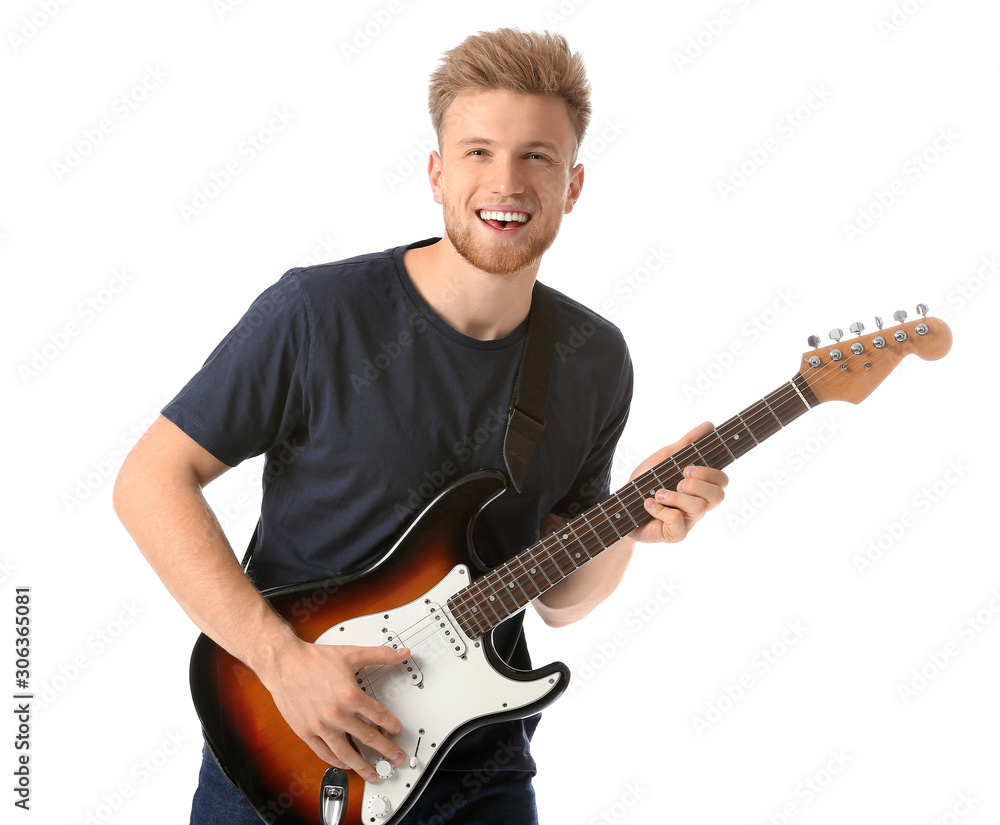 Handsome man with guitar on white background