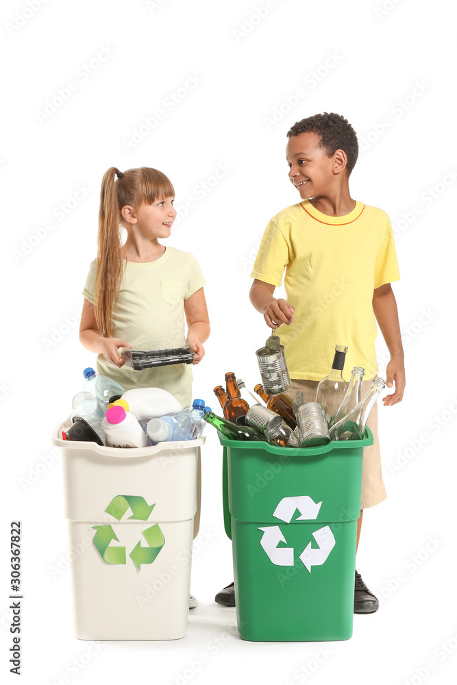 Little children and containers with trash on white background. Concept of recycling