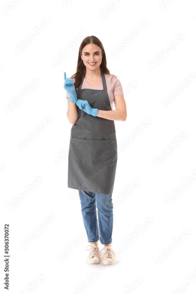 Female janitor on white background