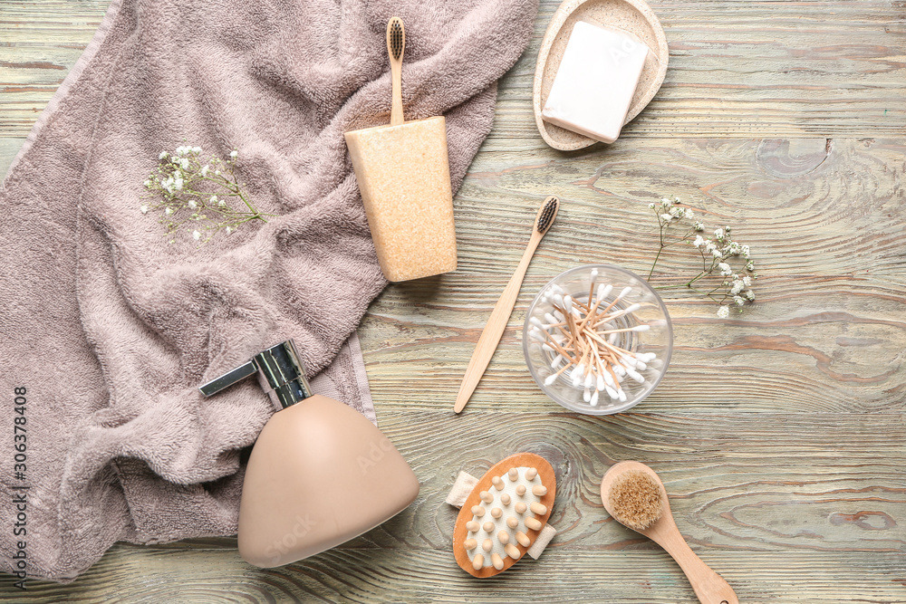 Set of bath accessories on wooden background