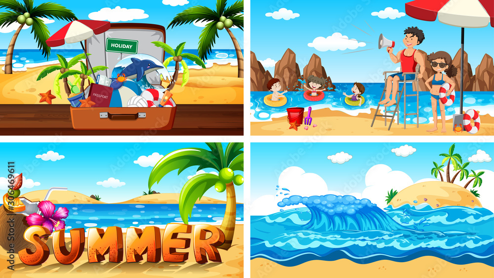 Four background scenes with summer on the beach