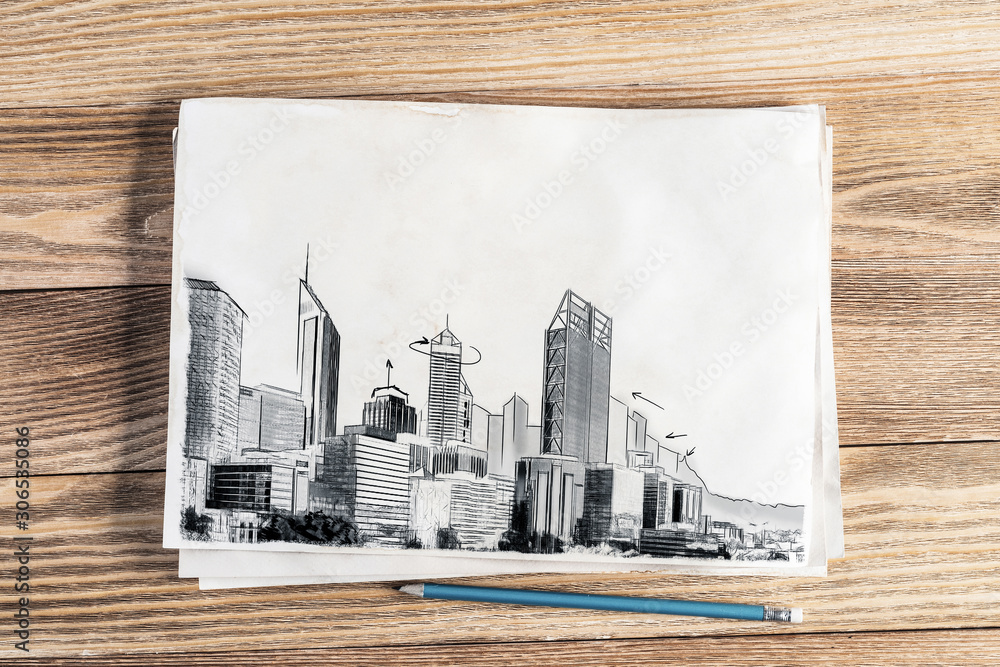 Modern megapolis skyline pencil draw