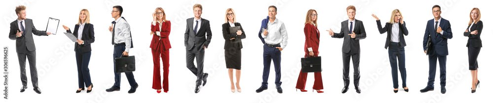 Collage with stylish business people on white background