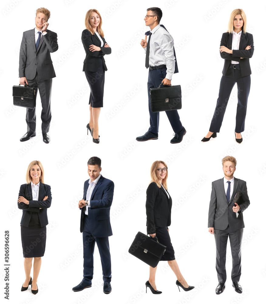 Collage with stylish business people on white background