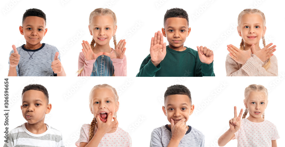 Collage with little children on white background. Concept of speech therapy