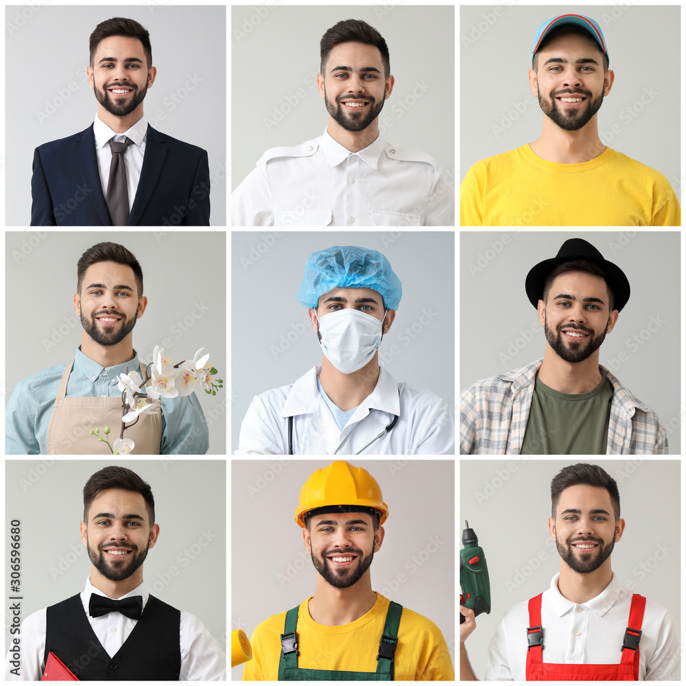 Collage with young man in uniforms of different professions