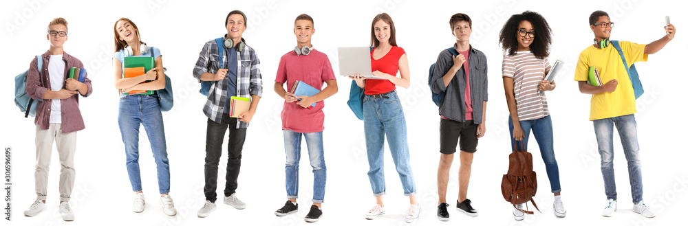 Teenage boy with backpack and books on white background