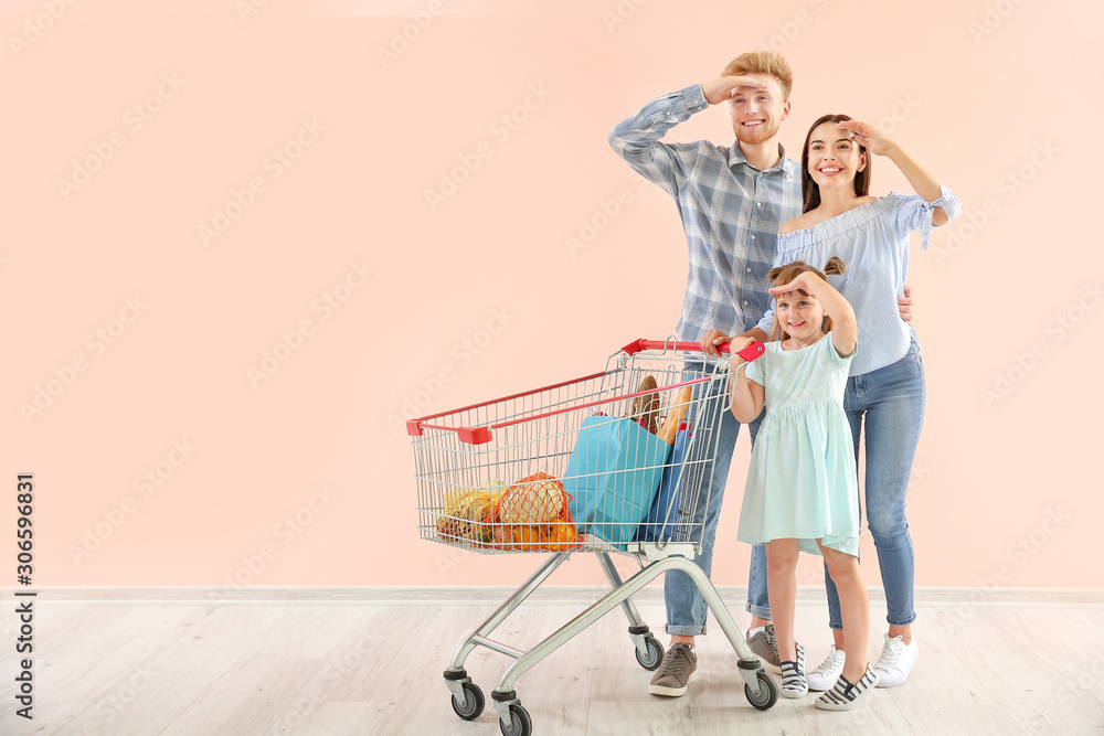 Family with shopping cart near color wall