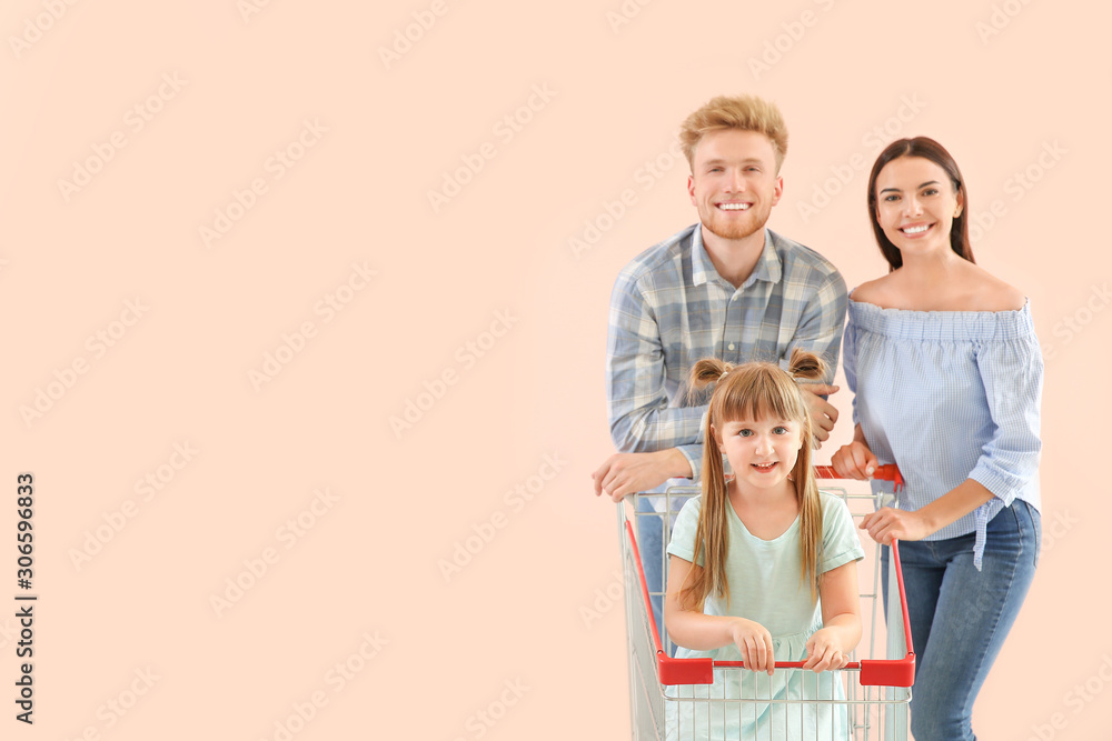 Family with shopping cart on color background