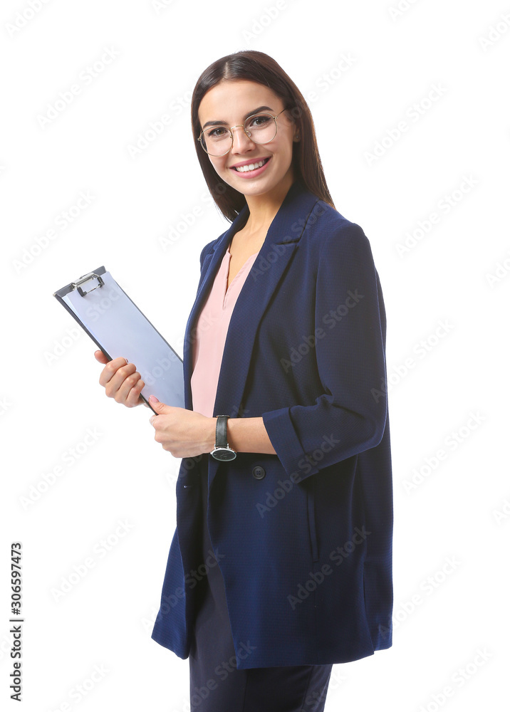 Beautiful young businesswoman on white background