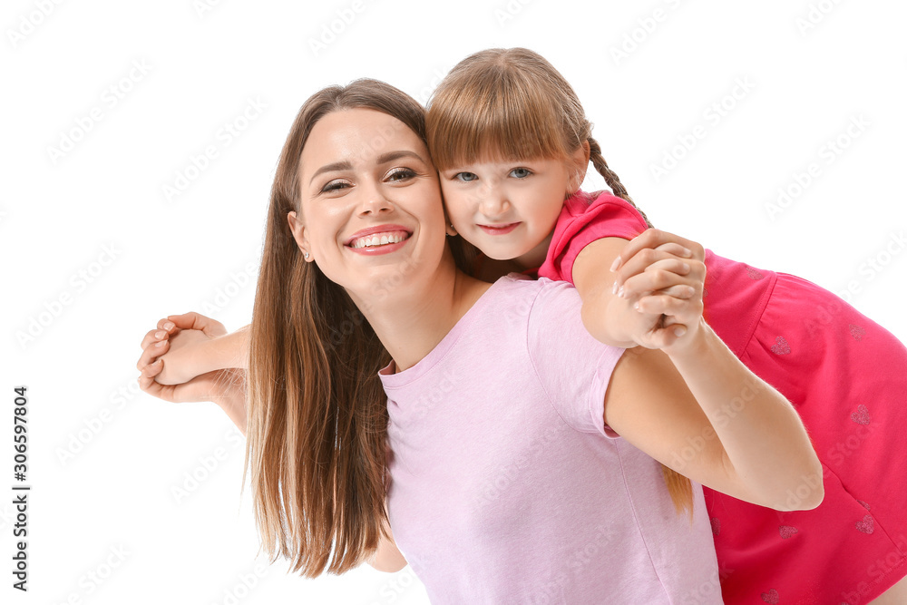 Portrait of happy mother and daughter on white background