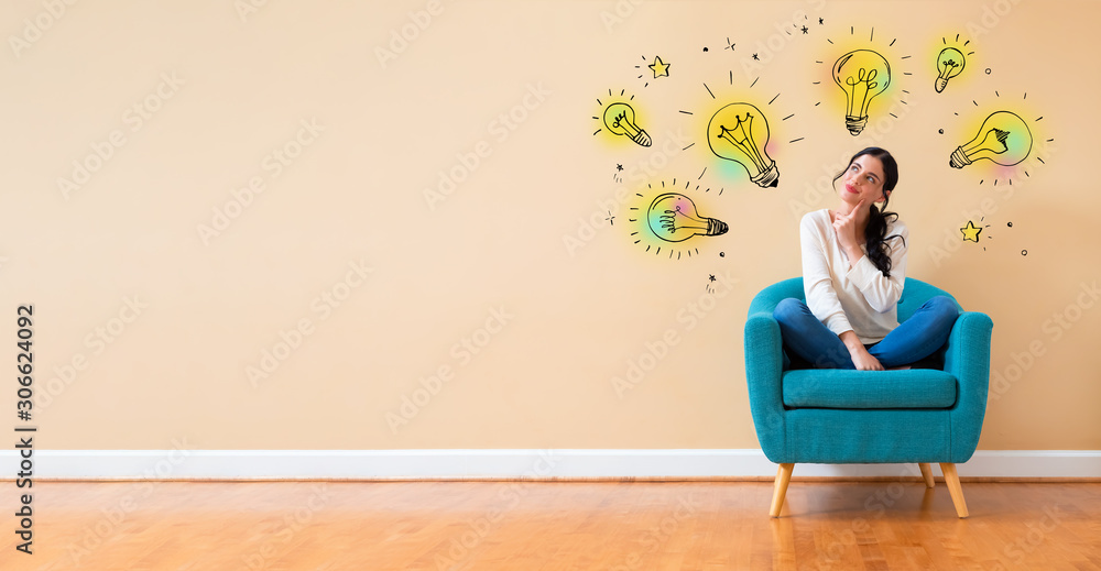 Idea light bulbs with woman in a thoughtful pose in a chair