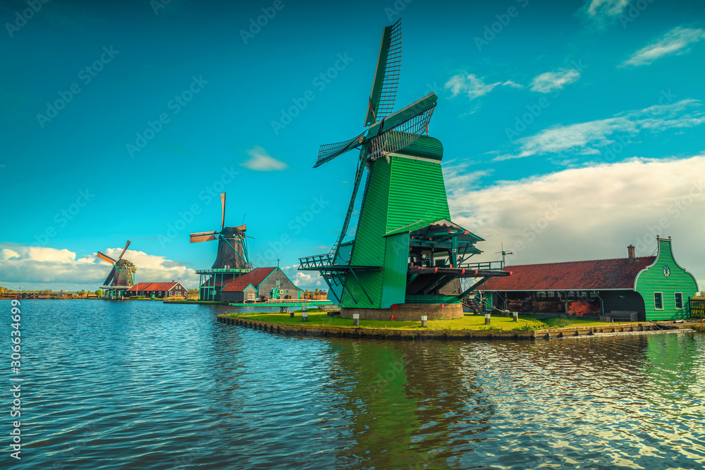 Popular old dutch windmills in Zaanse Schans village, Zaandam, Netherlands