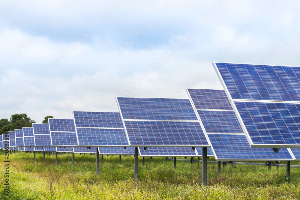 Close up rows array of polycrystalline silicon solar cells or photovoltaic cells in solar power plan