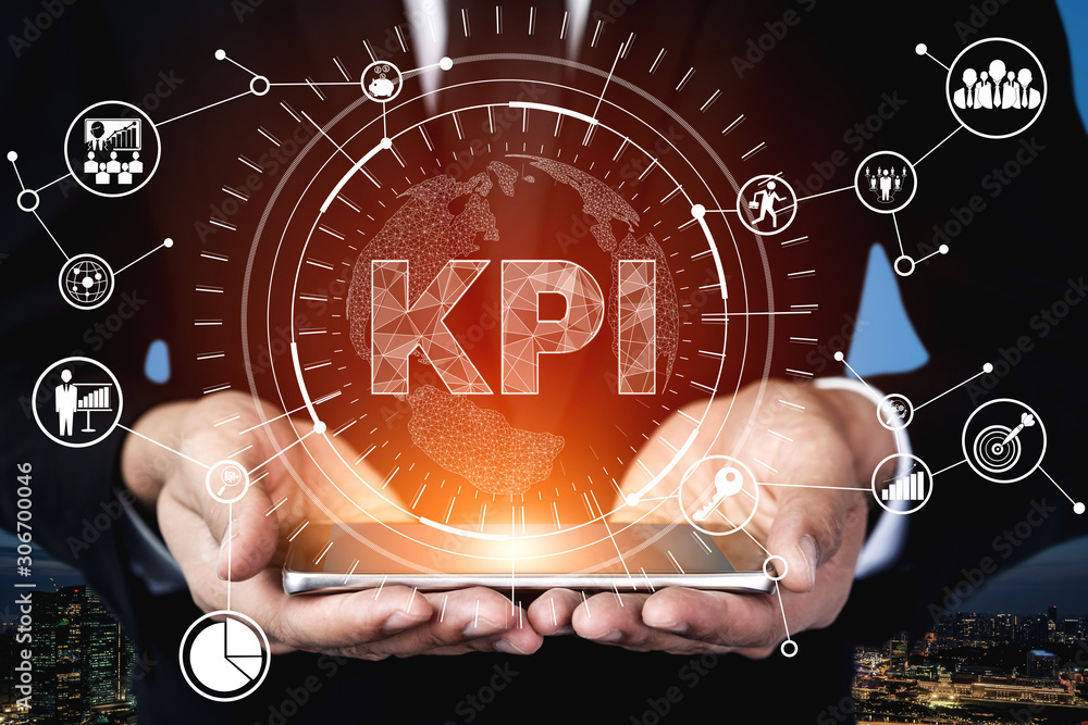 KPI Key Performance Indicator for Business Concept - Modern graphic interface showing symbols of job