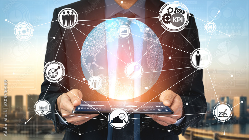 KPI Key Performance Indicator for Business Concept - Modern graphic interface showing symbols of job