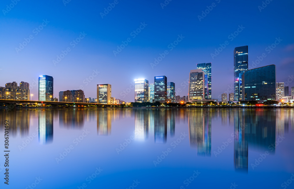 Night view of modern office building in Fuzhou Financial District..