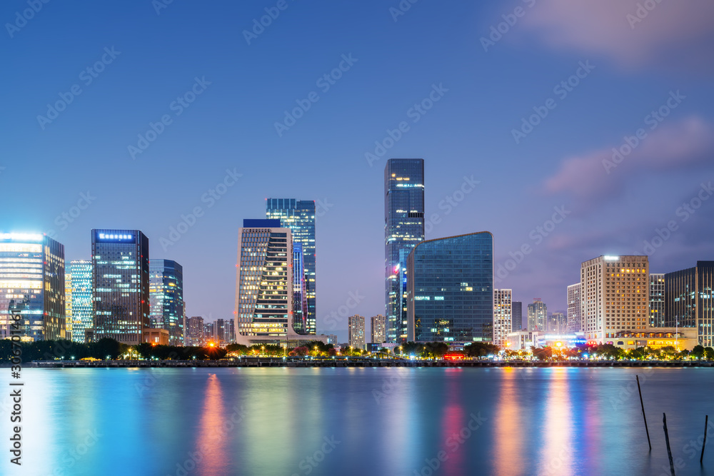 Night view of modern office building in Fuzhou Financial District..