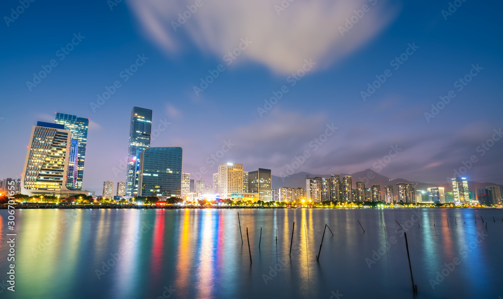 Night view of modern office building in Fuzhou Financial District..