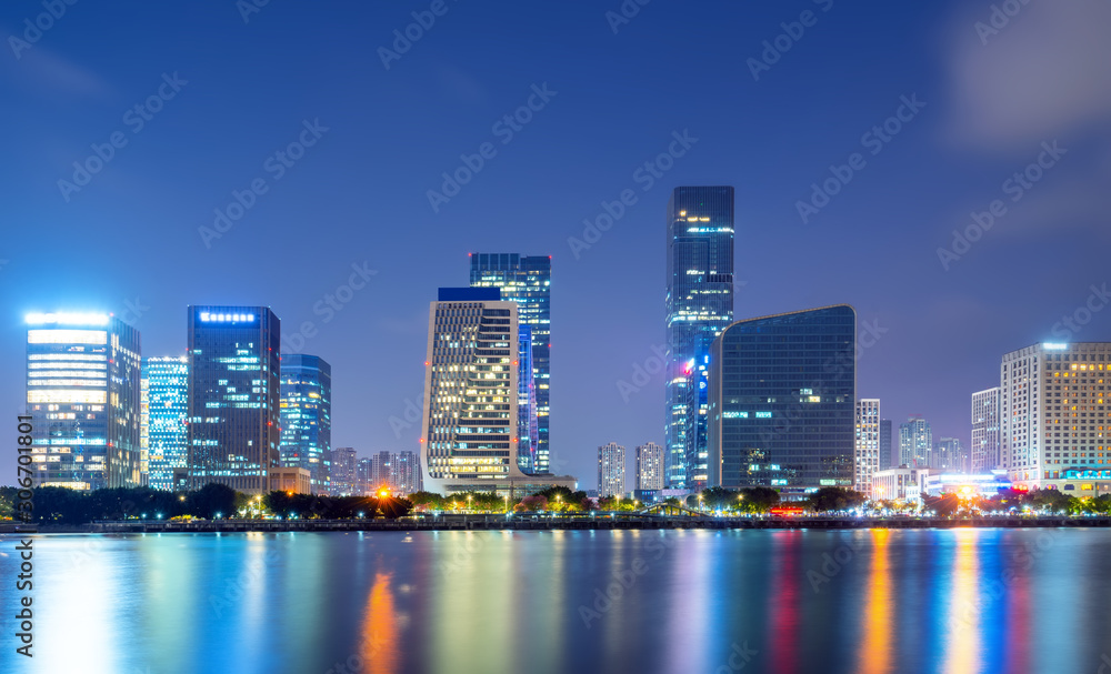 Night view of modern office building in Fuzhou Financial District..