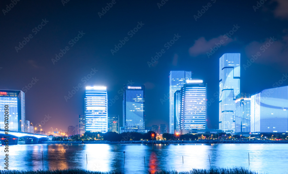 Night view of modern office building in Fuzhou Financial District..