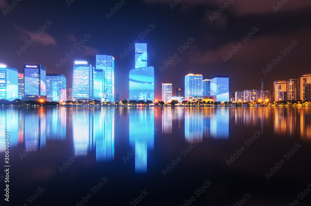 Night view of modern office building in Fuzhou Financial District..