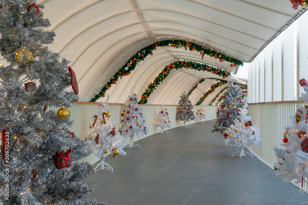 Christmas tree decoration along walkway in city center in Christmas festival of December 2019.