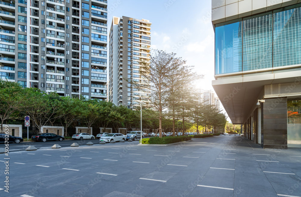 Modern office buildings and urban roads in Xiamen Financial District..