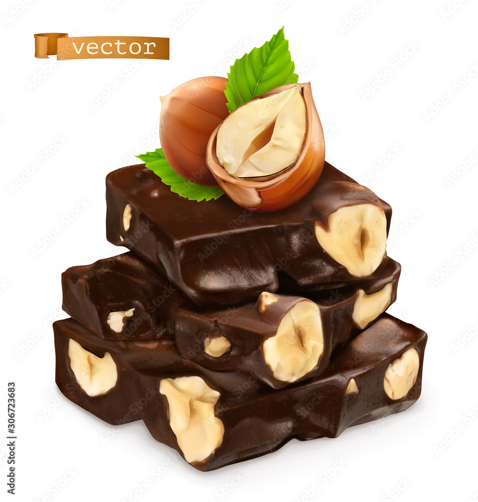 Hazelnuts and chocolate. 3d realistic vector icon