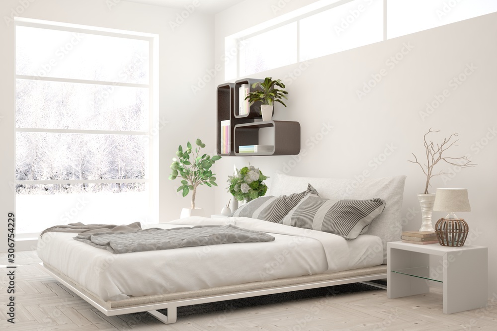 Stylish bedroom in white color with winter landscape in window. Scandinavian interior design. 3D ill