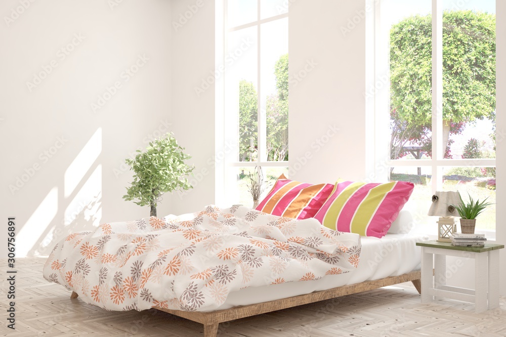 Stylish bedroom in white color with summer landscape in window. Scandinavian interior design. 3D ill