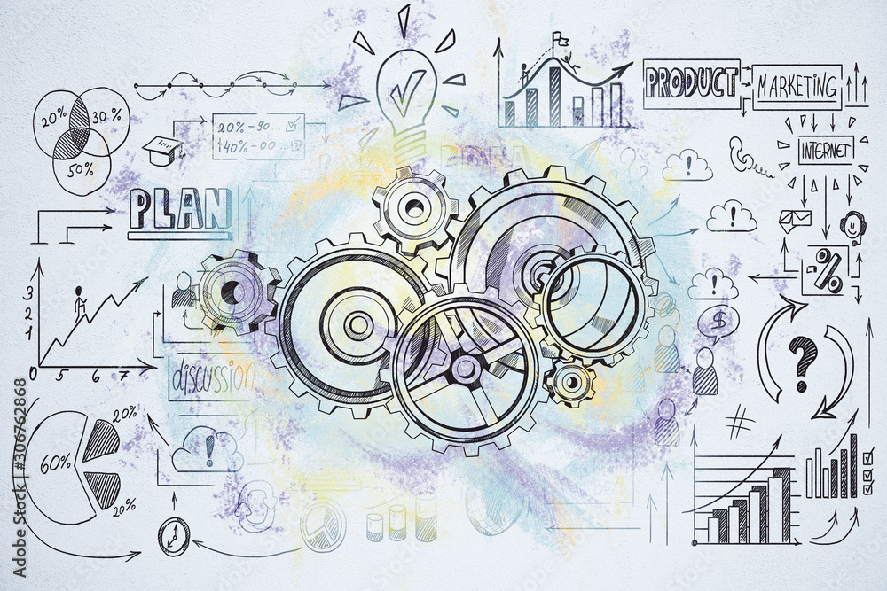 Drawing cogwheel and business sketch