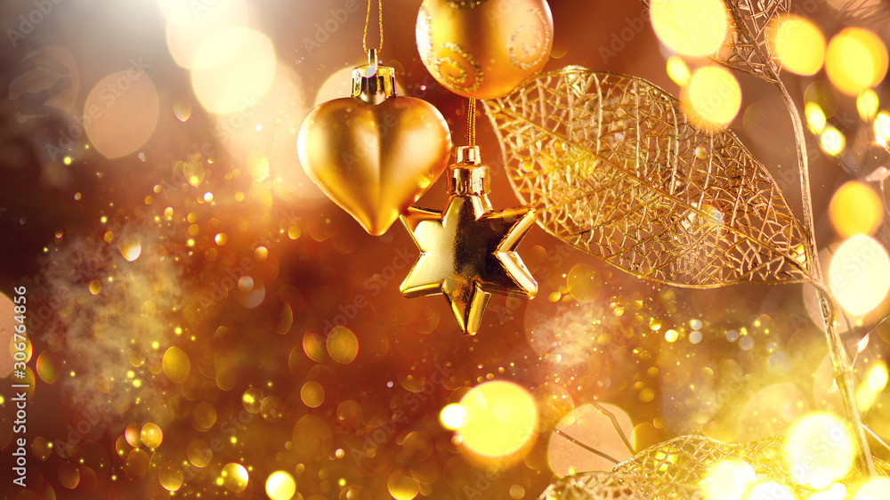 Christmas and New Year golden Decoration. Abstract Blurred Bokeh Holiday Background with beautiful b