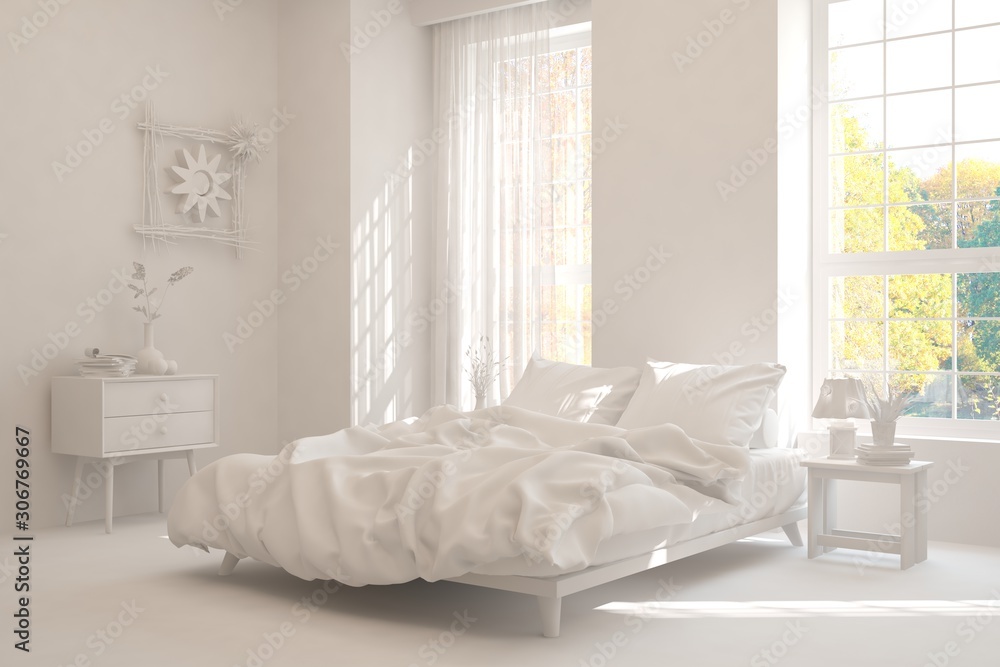 Modern bedroom in white color. Scandinavian interior design. 3D illustration