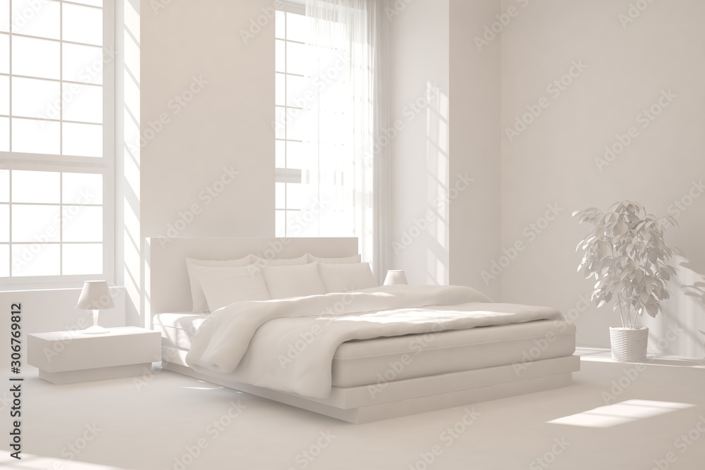 Modern bedroom in white color. Scandinavian interior design. 3D illustration