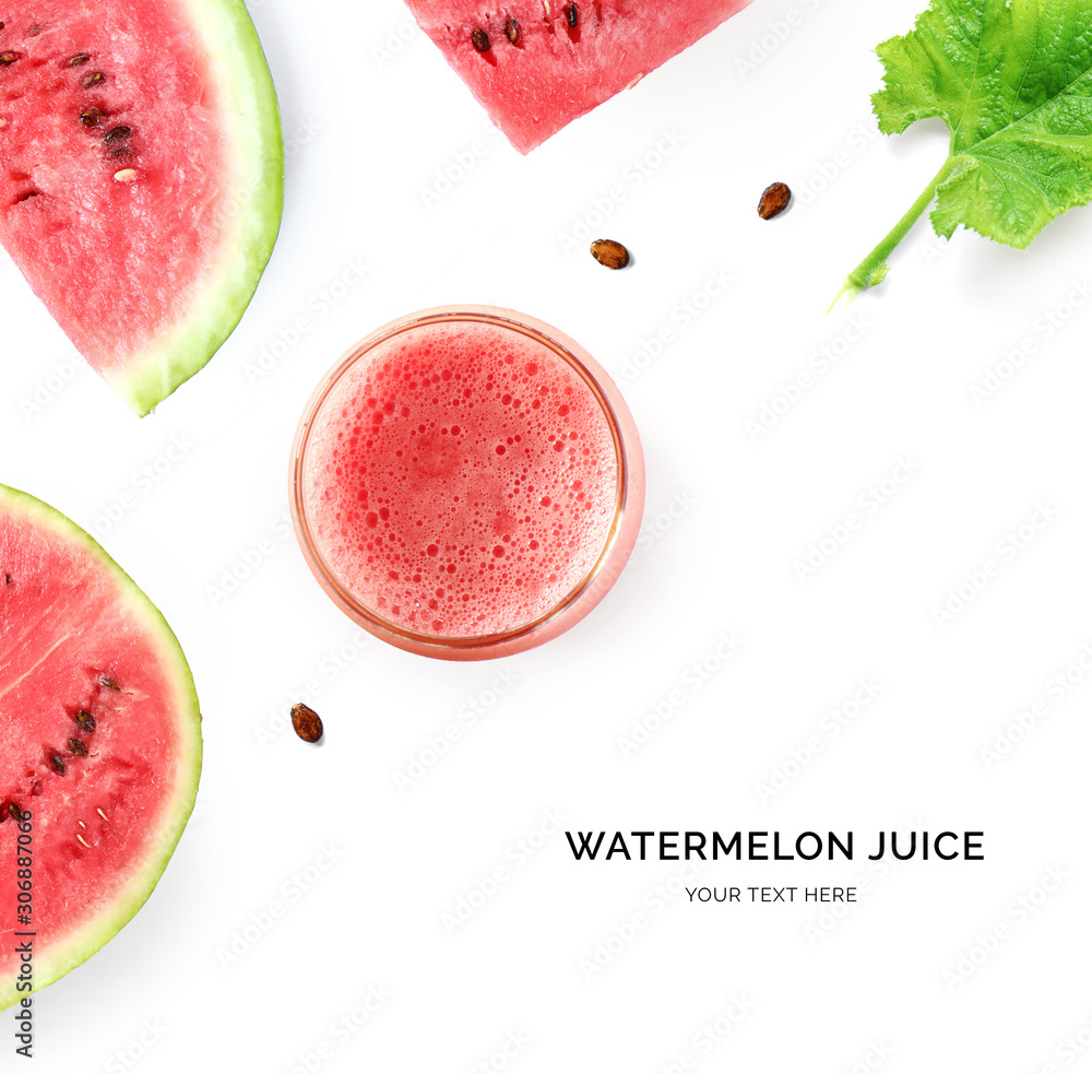 Creative layout made of watermelon juice on the white background. Flat lay. Food concept. Macro conc